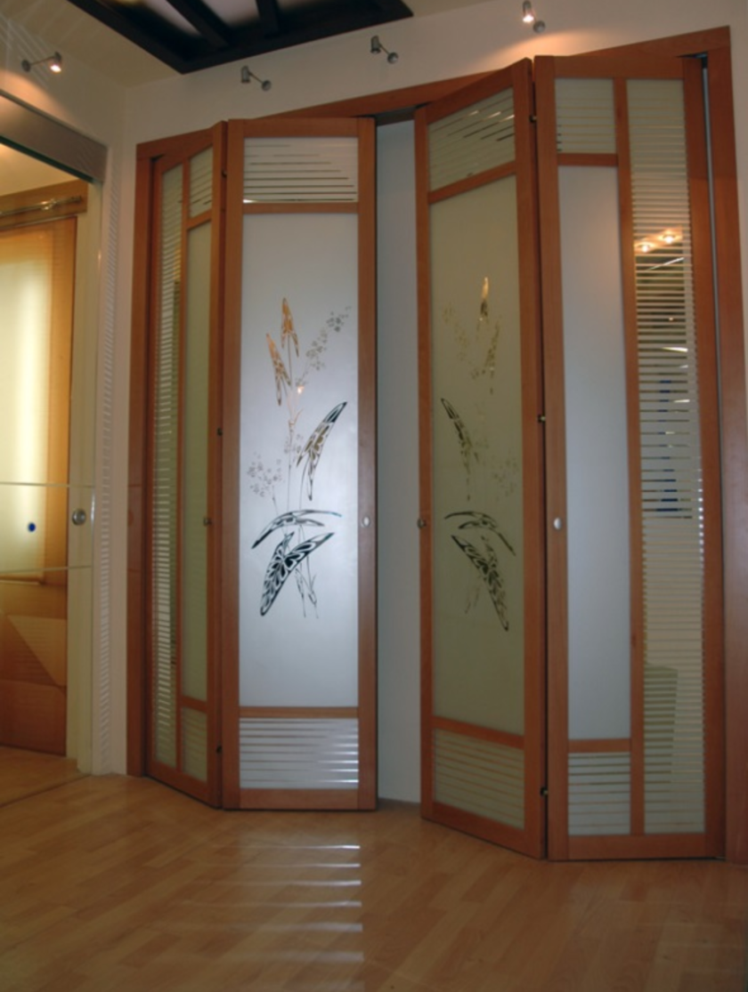 Широкие двери гармошка с матовым стеклом и рисунком Тамбов